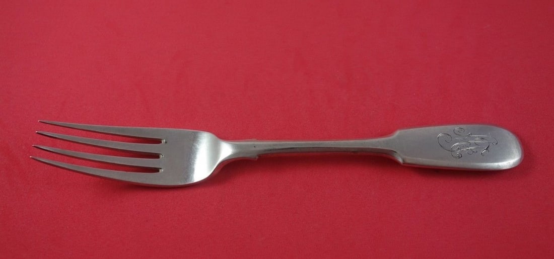 Grachev Sterling Silver Dinner Fork c. 1896 8 Inch Monogrammed Flatware: Grachev Sterling Silver Dinner Fork c. 1896 8 Inch Monogrammed Flatware This exquisite Grachev sterling silver dinner fork, crafted circa 1896, is a fine example of vintage flatware. Measuring 8 inche