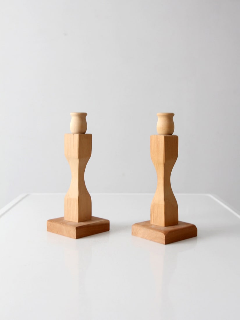 Handmade Wood Candlestick Pair with Geometric Form 9.125 inch (1 of 10)