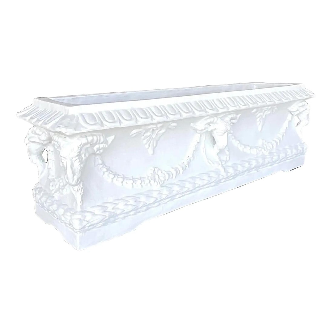 Vintage Boho Ram's Head Fiberglass Planter Box Off-White: Vintage Boho Ram's Head Fiberglass Planter Box Off-White Introducing a stylish vintage Boho Ram's Head Planter Box, expertly crafted from molded fiberglass with a chic matte plaster white finish. This