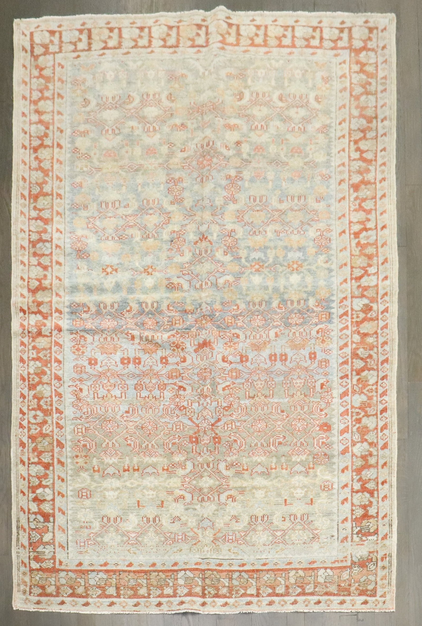 4' 2" x 6' 2" Early 20th Century Persian Malayer Accent Rug: 4' 2" x 6' 2" Early 20th Century Persian Malayer Accent Rug Early 20th century Persian Malayer abrash rug in an accent size. This pre-owned piece features the characteristic abrash variation associate