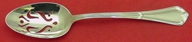 Dominick & Haff La Salle Sterling Silver Slotted Serving Spoon 8 1/2: Dominick & Haff La Salle Sterling Silver Slotted Serving Spoon 8 1/2 Sterling silver serving spoon in the La Salle pattern by Dominick & Haff, featuring a pierced design and slotted bowl. It is not mo