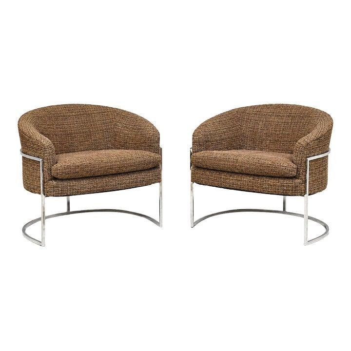 Pair of chrome barrel back lounge chairs in the style of Milo Baughman (1 of 9)