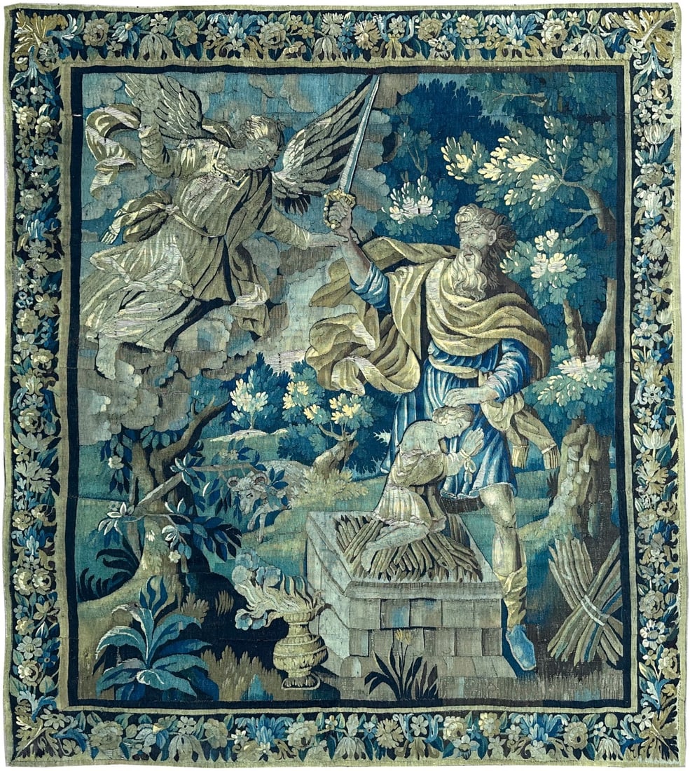 18th Century Aubusson Wool Silk Tapestry Sacrifice of Isaac 252cm x 287cm: 18th Century Aubusson Wool Silk Tapestry Sacrifice of Isaac 252cm x 287cm This rare and authentic 18th-century French Aubusson tapestry is a handwoven masterpiece crafted from wool and silk. Measuring