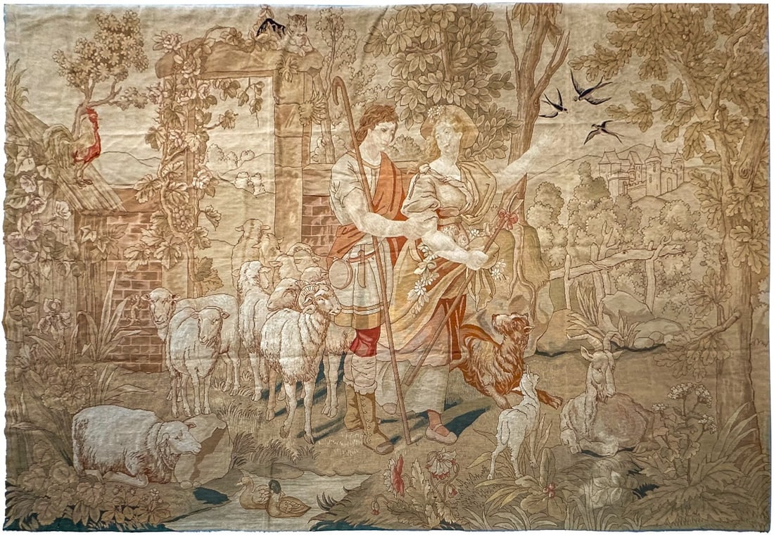 French scenic needlepoint tapestry wool silk 7'4 x 11'8 antique (1 of 17)