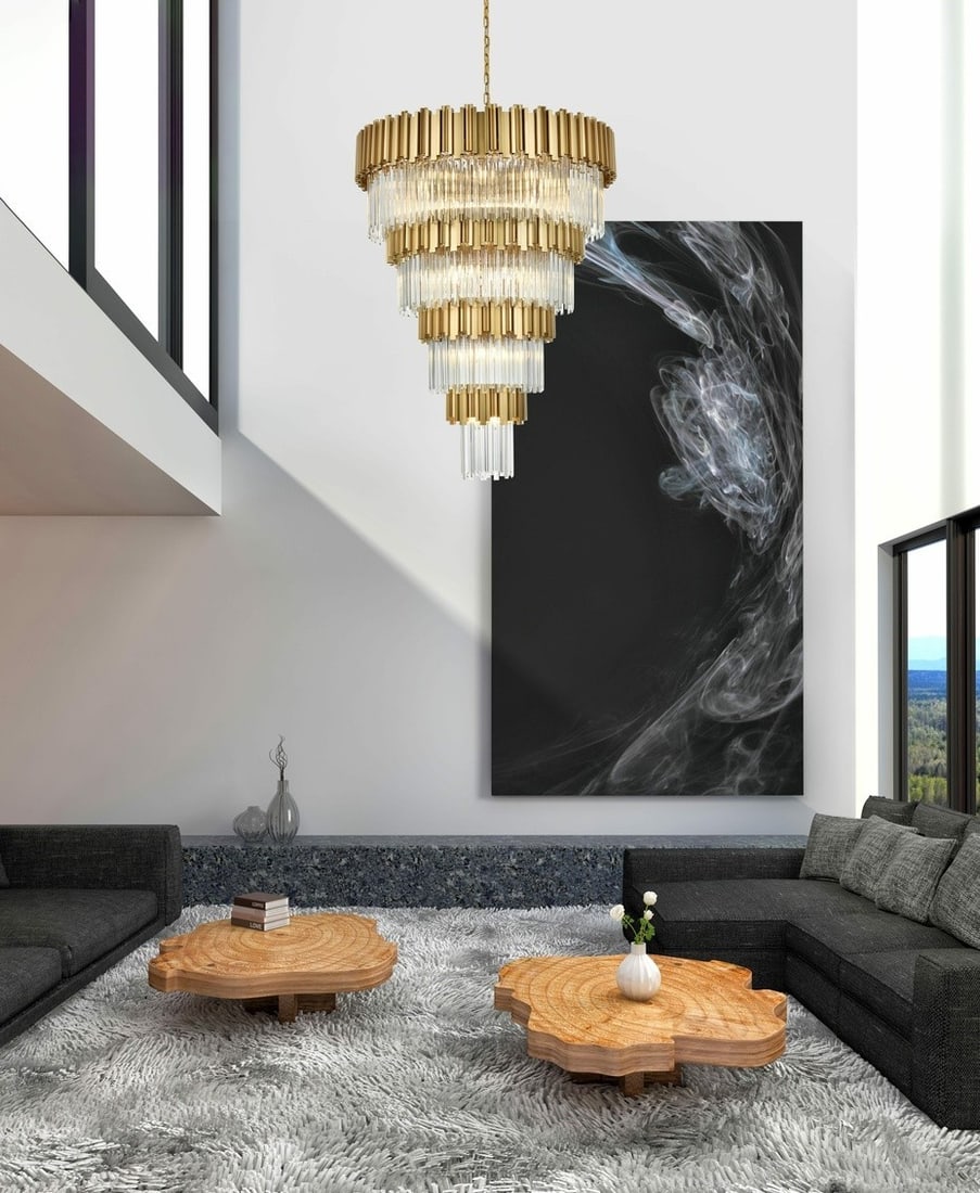 Willow 27-Light Satin Gold Crystal Pendant Chandelier 52.3in: Willow 27-Light Satin Gold Crystal Pendant Chandelier 52.3in This large modern chandelier features a satin gold frame with clear royal cut crystals, offering a striking centerpiece for dining rooms, f