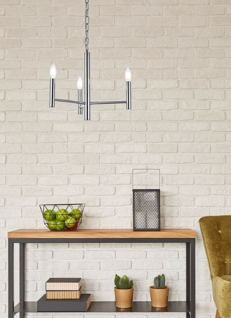 Carmella Chrome 3-Light Pendant Chandelier 17 Inch: Carmella Chrome 3-Light Pendant Chandelier 17 Inch This modern chrome chandelier from the Carmella Collection features a polished finish and a sleek, contemporary design. Suitable for various indoor s