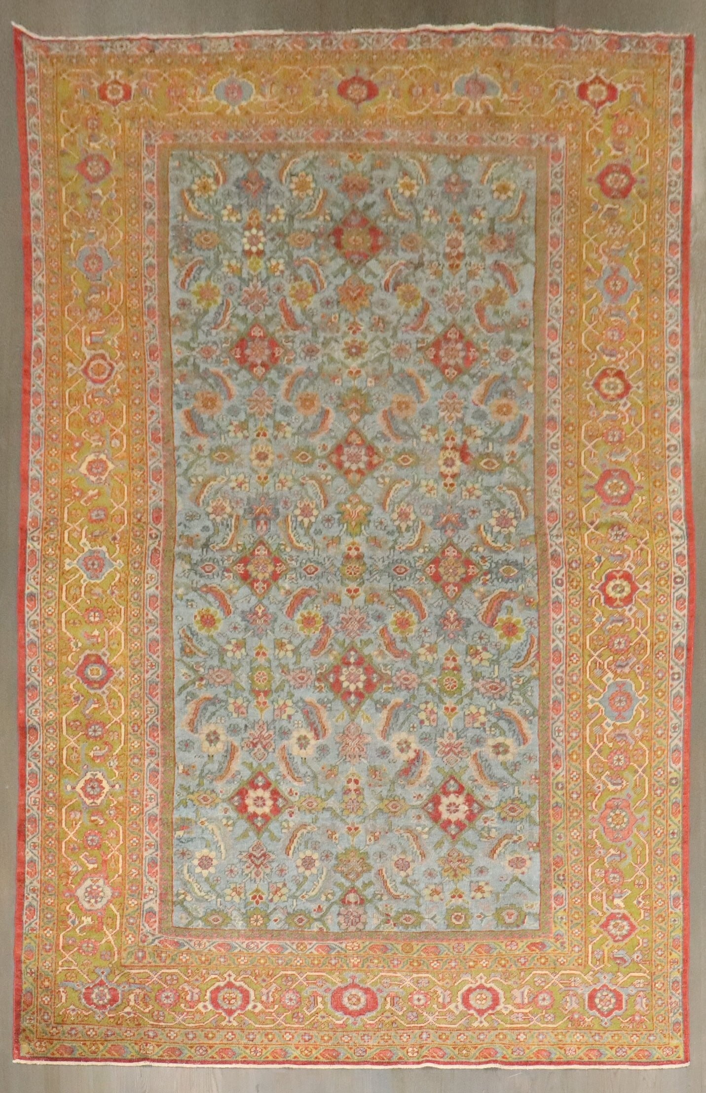 7' 8" x 12' 1" Persian Sultanabad Mahal Room Rug: 7' 8" x 12' 1" Persian Sultanabad Mahal Room Rug Early 20th-century Persian Mahal rug with a sky blue field. This pre-owned room-size rug is identified as a Sultanabad/Mahal type. Specifications Title
