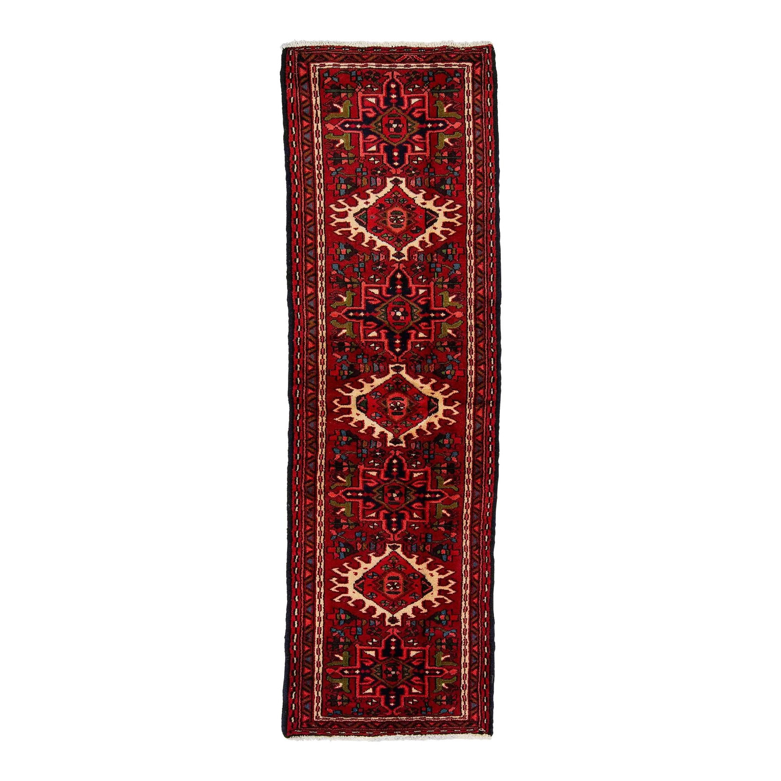 Vintage Hamadan Handmade Wool Runner Red Geometric Design 2'2" x 7': Vintage Hamadan Handmade Wool Runner Red Geometric Design 2'2" x 7' Discover a stunning Vintage Hamadan Handmade Wool Runner, featuring a rich red field adorned with multicolor accents in a captivatin