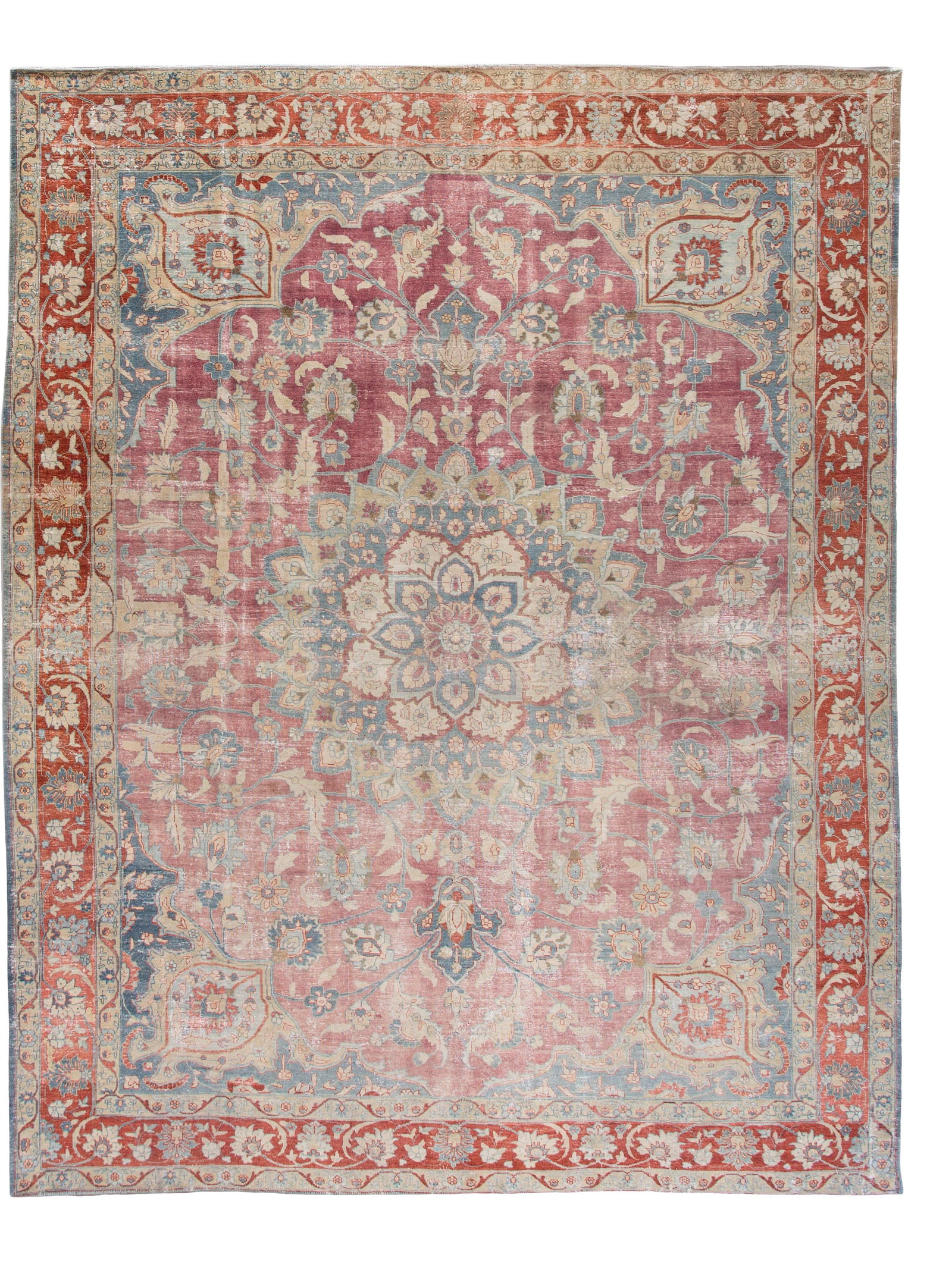Antique Persian Tabriz Hand-Knotted Wool Rug 11'3 x 14'3 Red Blue Floral Design: Antique Persian Tabriz Hand-Knotted Wool Rug 11'3 x 14'3 Red Blue Floral Design This exquisite antique Persian Tabriz rug showcases a stunning hand-knotted wool construction, featuring a vibrant red a