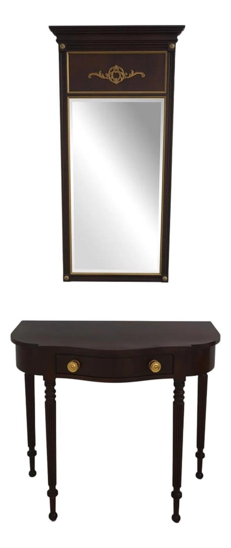 Mahogany Sheraton Style Console Table with Mirror: Mahogany Sheraton Style Console Table with Mirror This Statton Old Towne console table and mirror set features classic Sheraton style with elegant gold accents and fine carved details. The console tab
