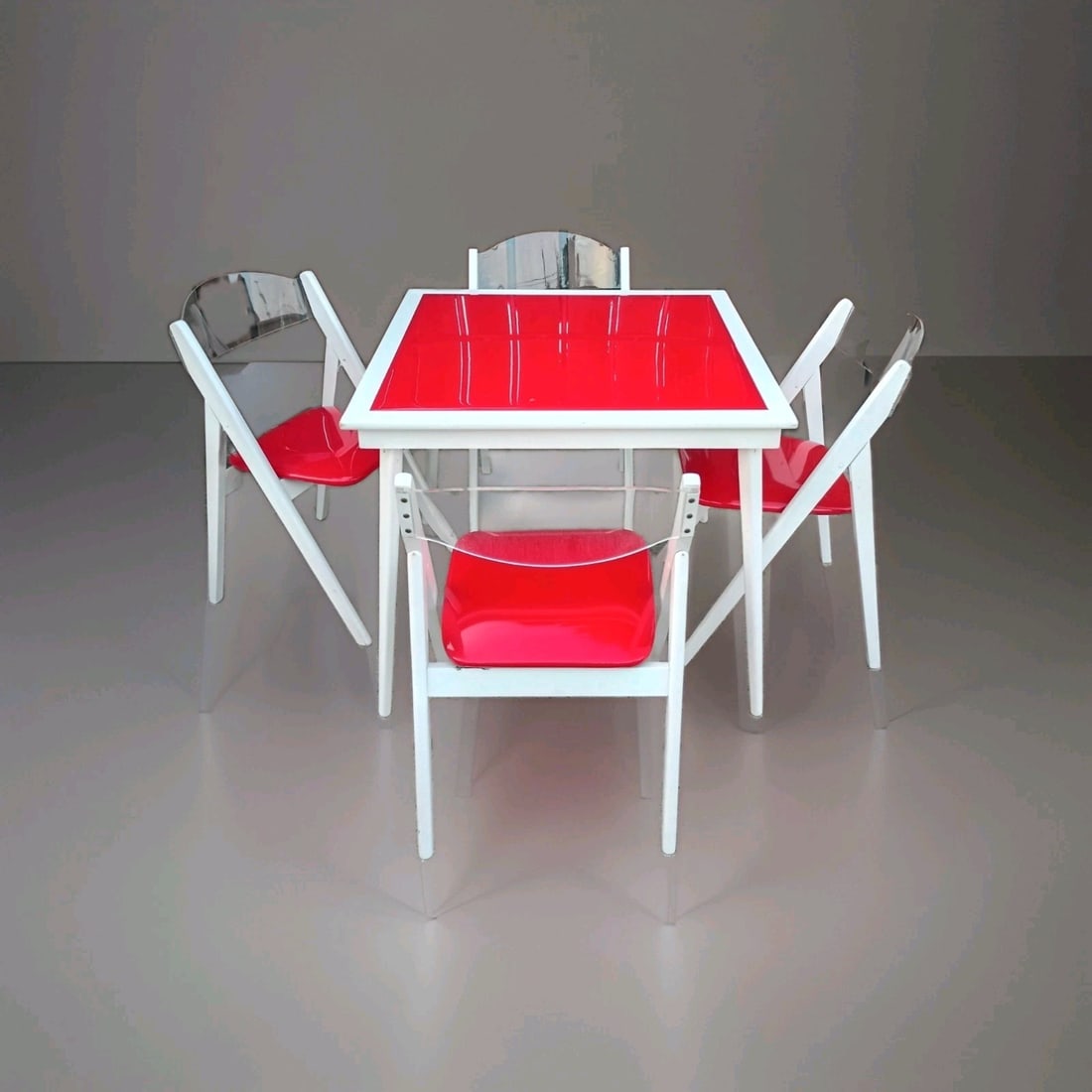 5 Piece Stakmore Red Lucite Folding Dining Set Table and Chairs (1 of 8)