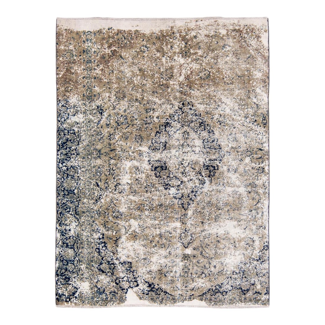 Vintage Handmade Wool Rug Tan Blue Medallion 7' x 9'4: Vintage Handmade Wool Rug Tan Blue Medallion 7' x 9'4 This exquisite hand-knotted vintage Persian wool rug showcases a tan field adorned with a traditional medallion floral pattern in blue accents. Me