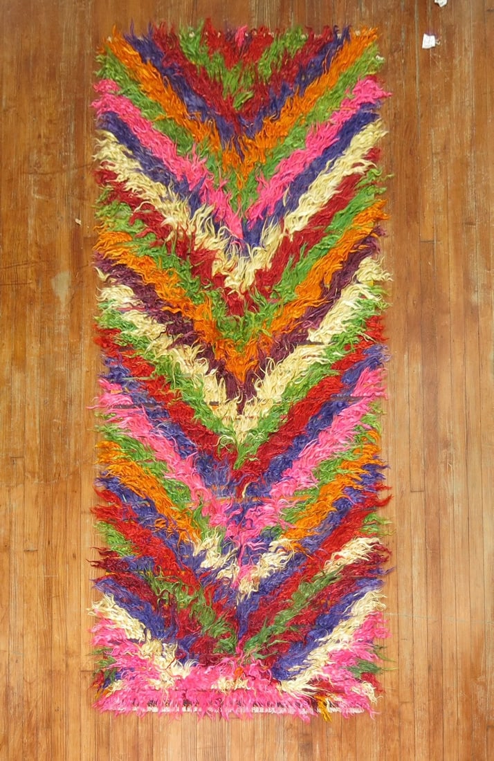 3' 7" x 8' 11" Turkish Tulu Shag Runner Rug: 3' 7" x 8' 11" Turkish Tulu Shag Runner Rug A Turkish Tulu shag runner from the third quarter of the 20th century, featuring a wild color palette and bohemian character. This pre-owned runner offers t