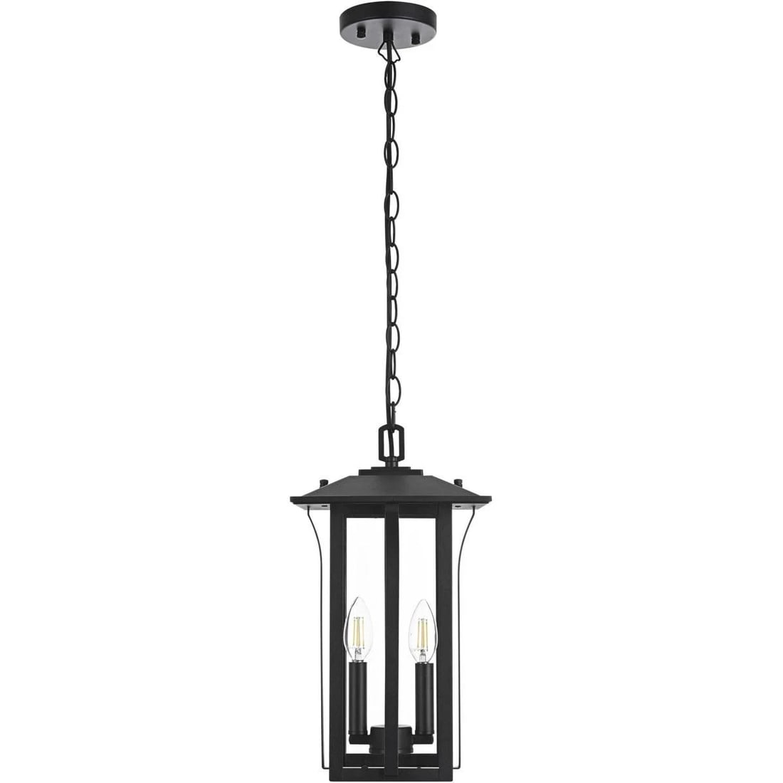 Black Iron Glass Outdoor Pendant Light 2 Bulb Thayer: Black Iron Glass Outdoor Pendant Light 2 Bulb Thayer This outdoor hanging lantern features a traditional design with a black finish and clear glass panels. It is constructed from durable iron and glas