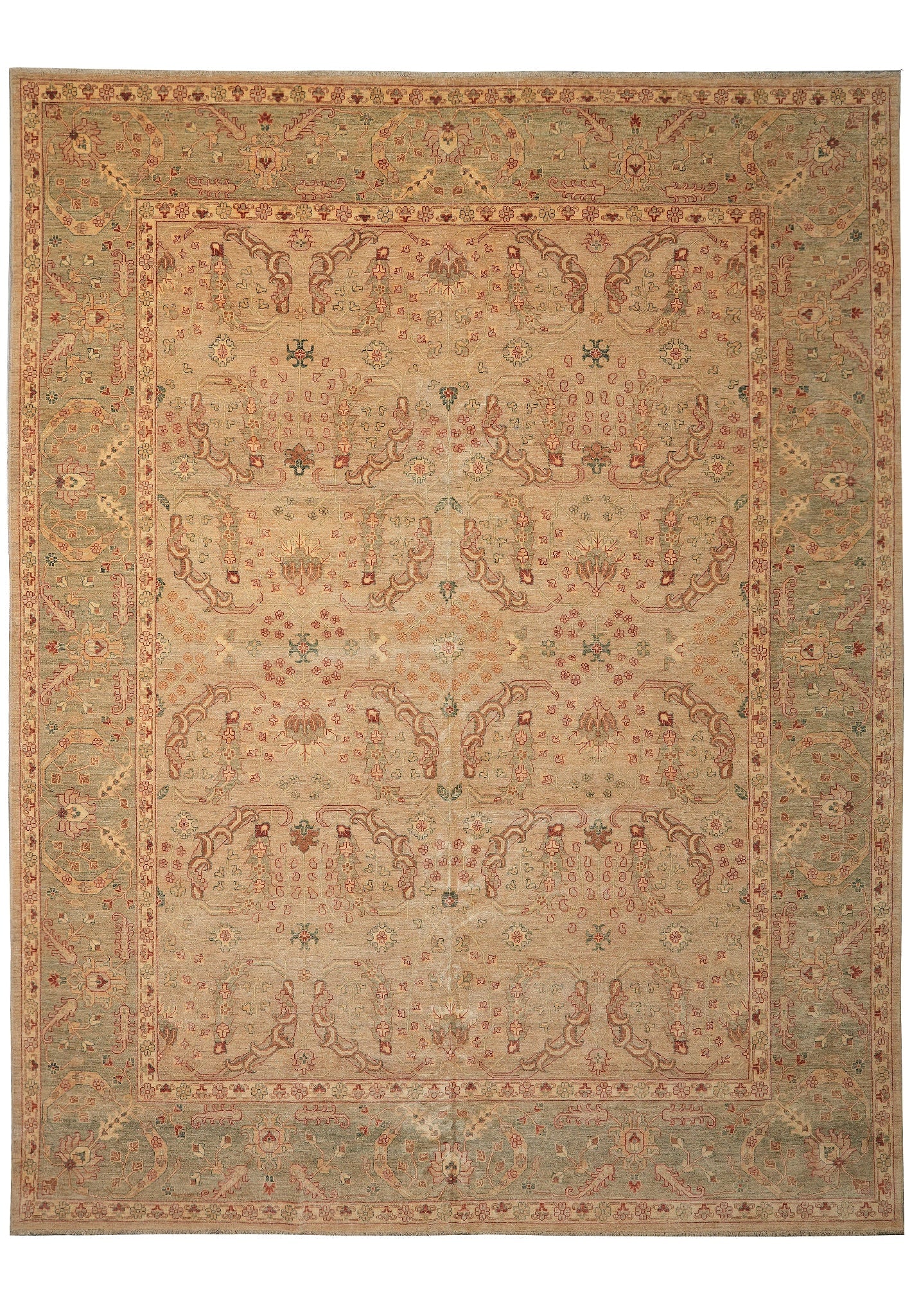 12 x 15 Chobi Peshawar Oushak Rug Sage Green Gold Wool: 12 x 15 Chobi Peshawar Oushak Rug Sage Green Gold Wool Free continental US Shipping Handmade from fine wool, this Oushak rug features a classic all-over floral design with graceful palmettes, stylized