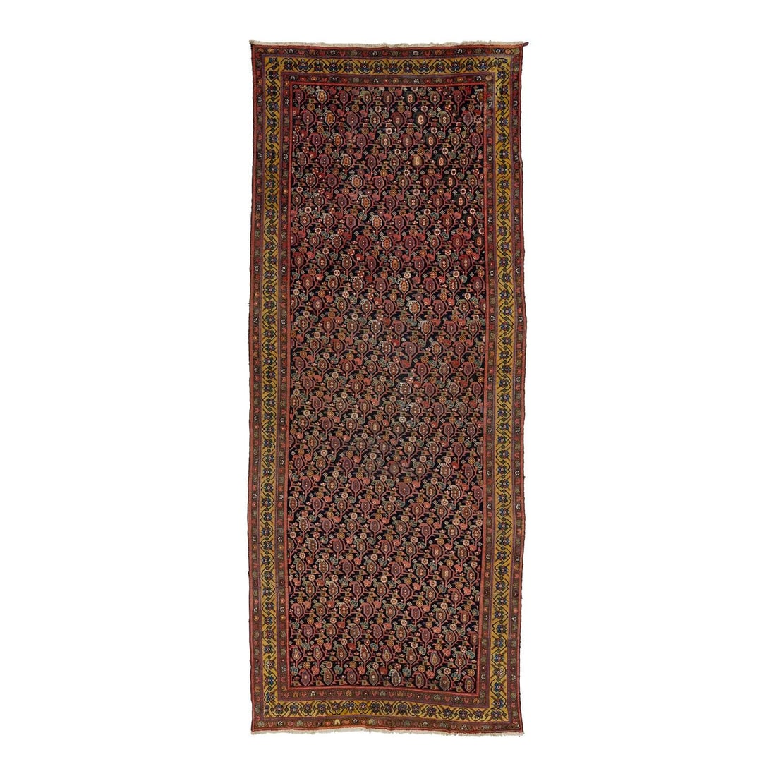 1880s Handmade Persian Malayer Wool Rug Blue Allover Pattern 6'5 x 16'2: 1880s Handmade Persian Malayer Wool Rug Blue Allover Pattern 6'5 x 16'2 Discover the elegance of this exquisite 1880s Antique Malayer Gallery Wool Rug, handmade with meticulous craftsmanship. The rug 