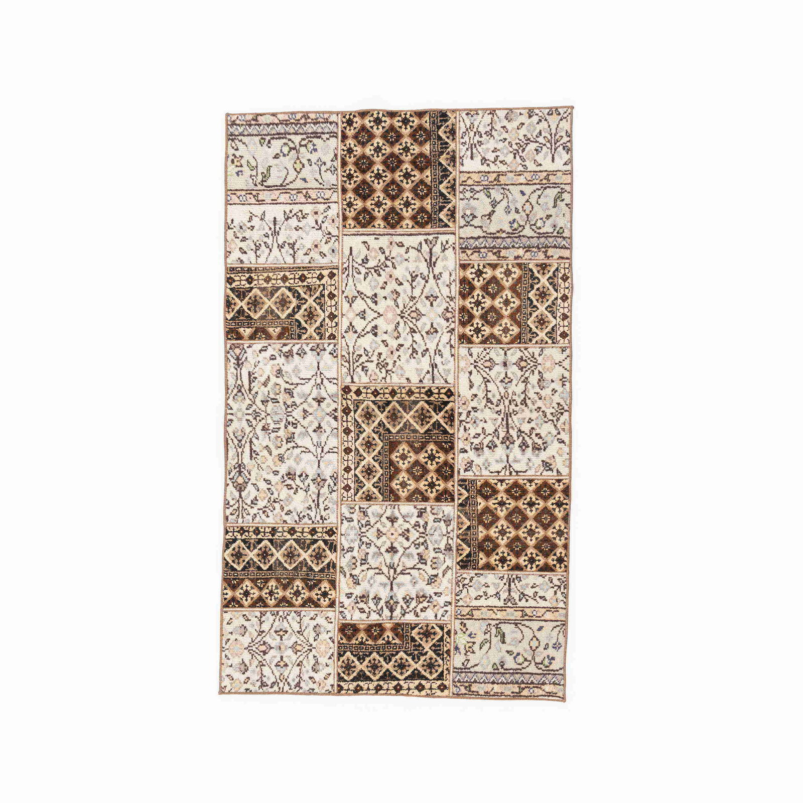 Authentic Handmade Patchwork Wool Carpet 45.3 x 76.8: Authentic Handmade Patchwork Wool Carpet 45.3 x 76.8 This authentic handmade patchwork carpet is crafted from high-quality wool on wool, showcasing a unique design that adds warmth and character to an