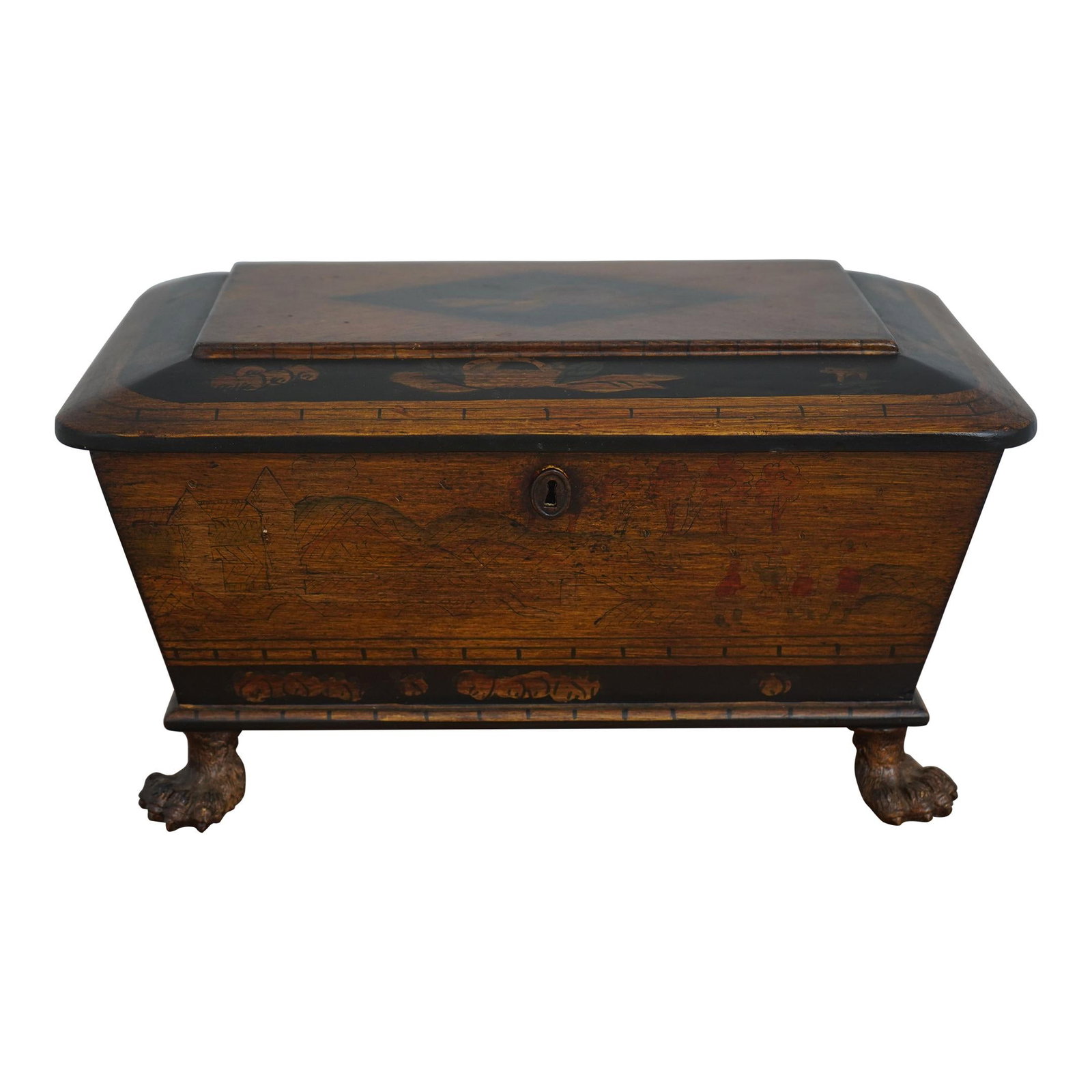 Elegant Neoclassical Jewelry Box with Metal Paw Feet: Elegant Neoclassical Jewelry Box with Metal Paw Feet This exquisite neoclassical dresser top jewelry box features a stunning design enhanced by elegant metal paw feet. With a beautiful decorated finis