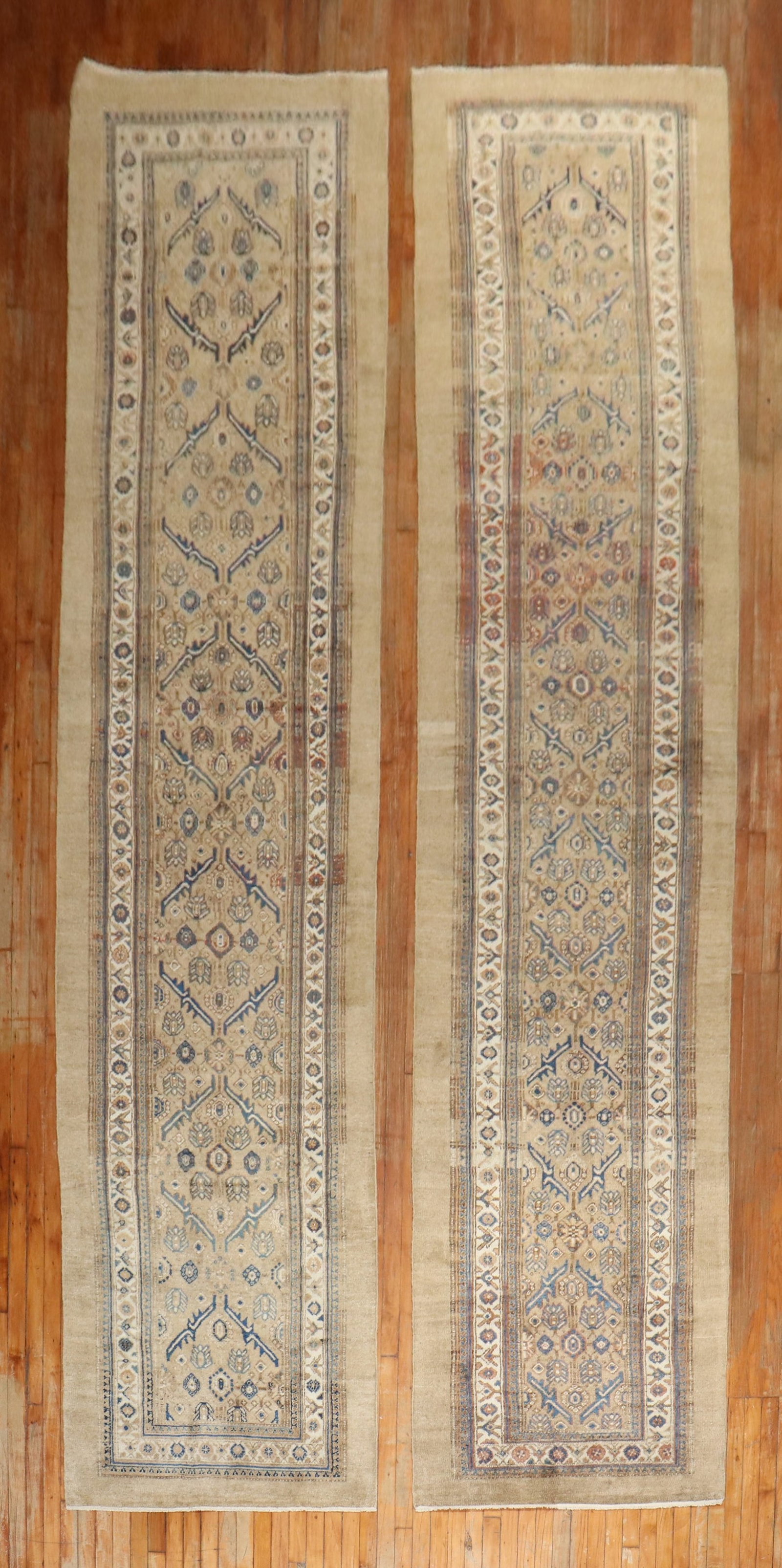 Antique Persian Serab Runner Pair 3' 5" x 17' 3": Antique Persian Serab Runner Pair 3' 5" x 17' 3" Matching pair of antique Persian Serab runners from the 1920s, featuring long tribal designs in camel, ivory, and soft blue earth tones. Offered as a p