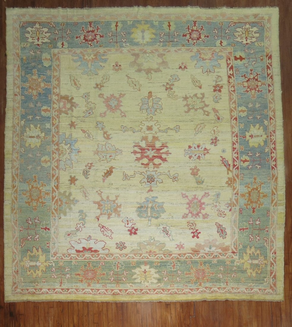 11' 2" x 13' Turkish Oushak Room Size Rug Repro: 11' 2" x 13' Turkish Oushak Room Size Rug Repro Vintage-inspired Turkish Oushak room-size rug with a square format and pre-owned condition. This reproduction piece offers the classic Oushak style refe