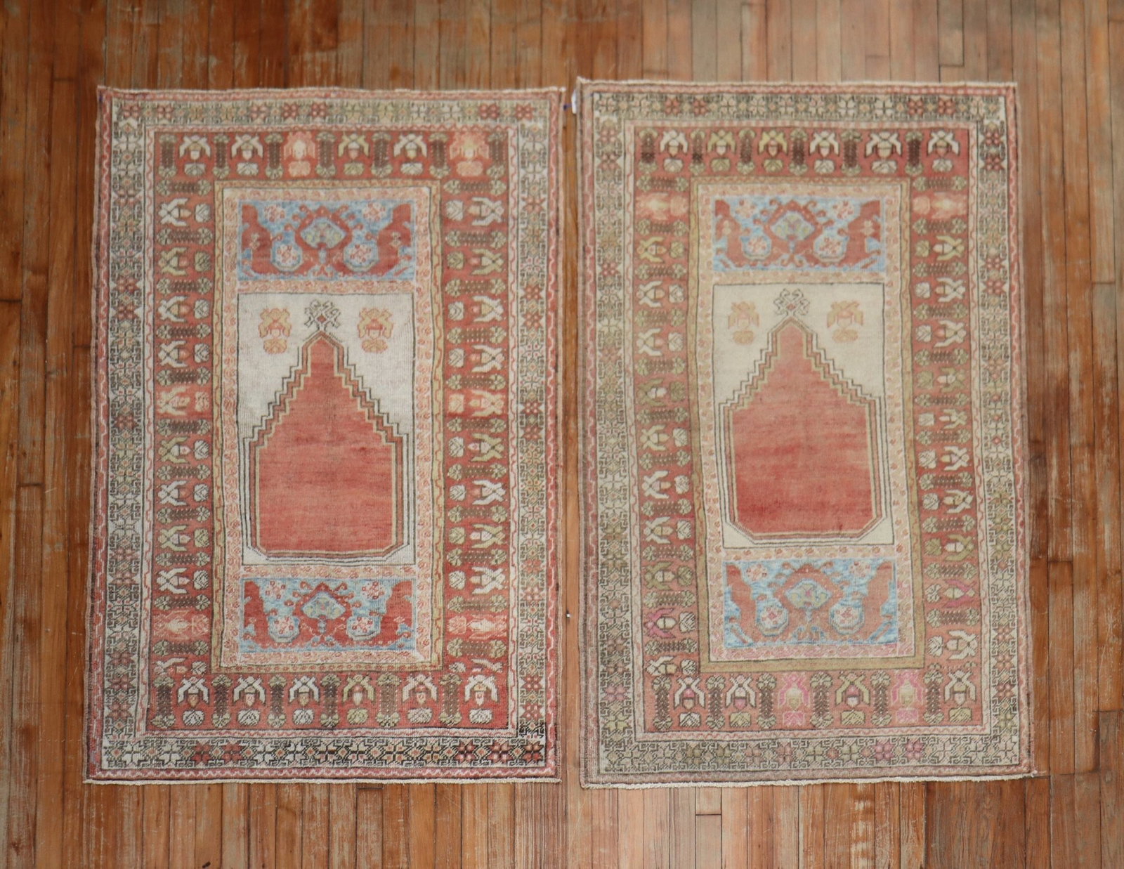3' 5" x 5' 5" Turkish prayer rug pair muted tones: 3' 5" x 5' 5" Turkish prayer rug pair muted tones Rare pair of muted Turkish prayer rugs dating from the second quarter of the 20th century. Offered as a pair, these small rugs feature a subdued palet