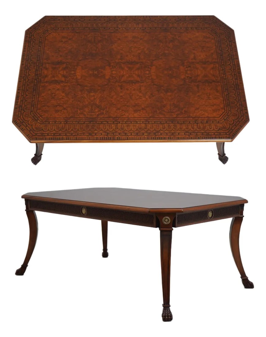 Neoclassical burlwood coffee table with inlay ball and claw feet (1 of 10)