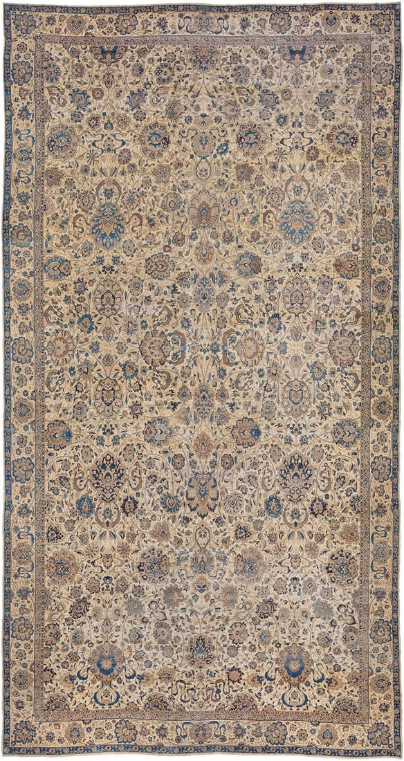 14' 6" x 26' 9" Antique Indian Oversize Rug Ivory Blue: 14' 6" x 26' 9" Antique Indian Oversize Rug Ivory Blue Exquisite antique Indian rug from the early 20th century, featuring a clear ivory field with blue accents and a very finely woven construction. T