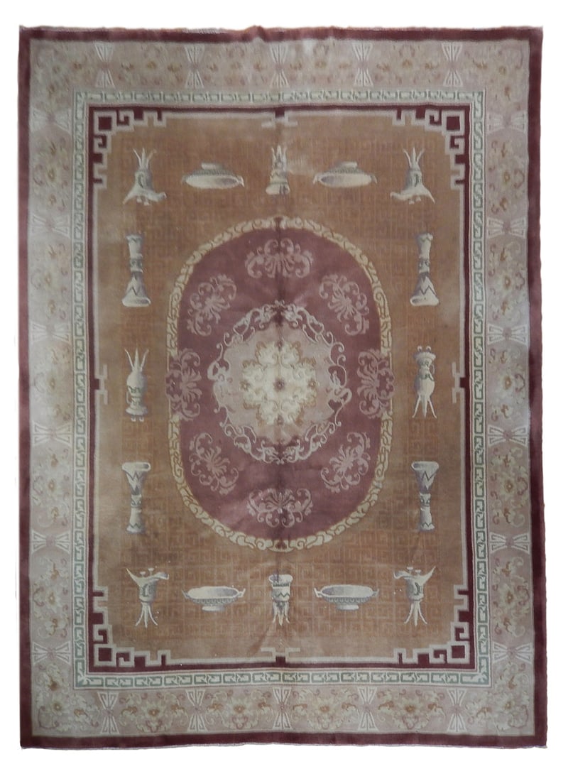 7.11 x 9.10 Semi-Antique Peking Art Deco Rug China: 7.11 x 9.10 Semi-Antique Peking Art Deco Rug China Free continental US Shipping Semi-antique Peking Art Deco rug from China. The rug features an intricate decorative pattern in shades of red, beige, a