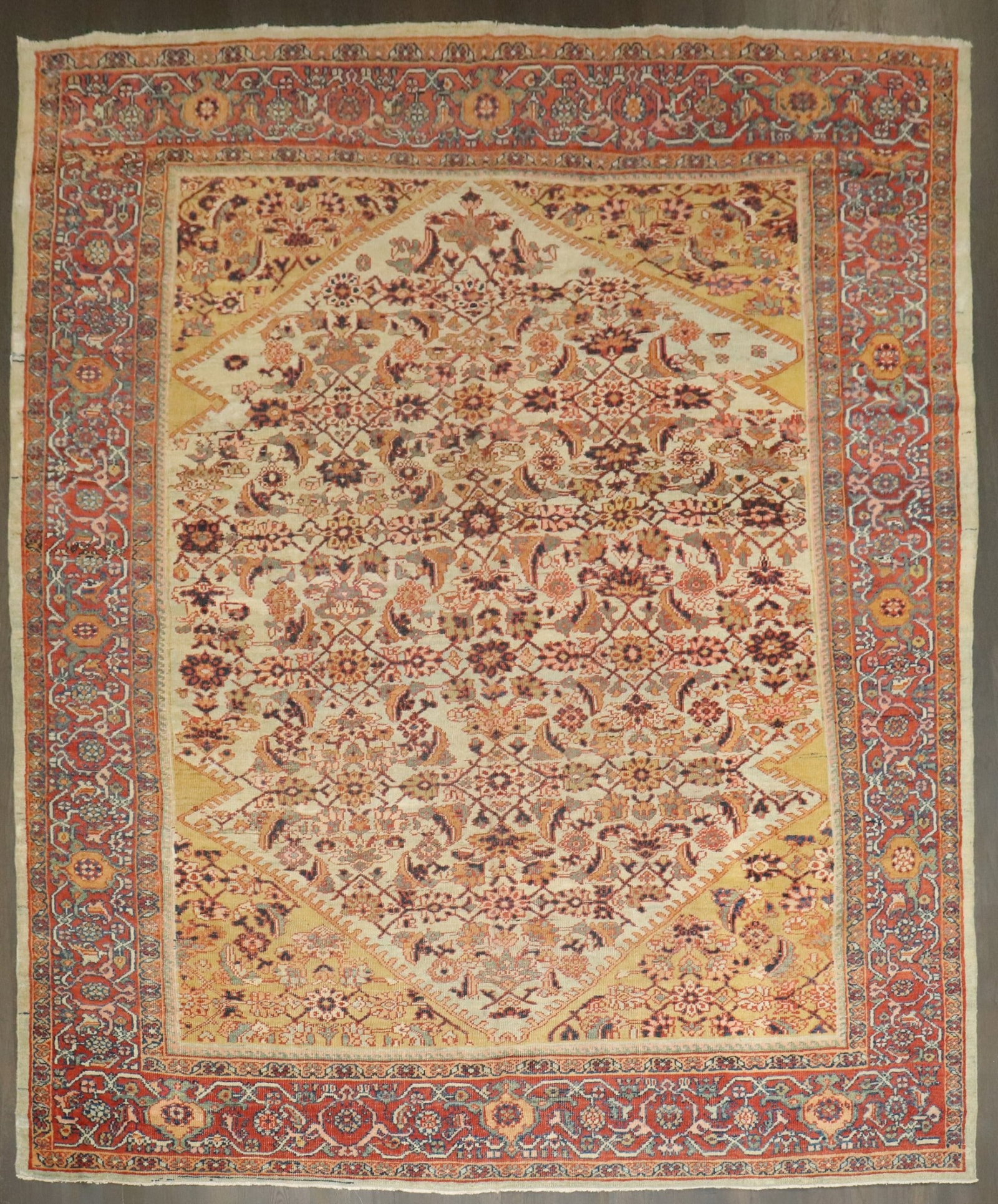 8' 9" x 10' Early 20th Century Sultanabad Mahal Square Rug: 8' 9" x 10' Early 20th Century Sultanabad Mahal Square Rug Early 20th century square Sultanabad/Mahal rug with a colorful design. This pre-owned room-size rug is described as an antique Sultanabad exa