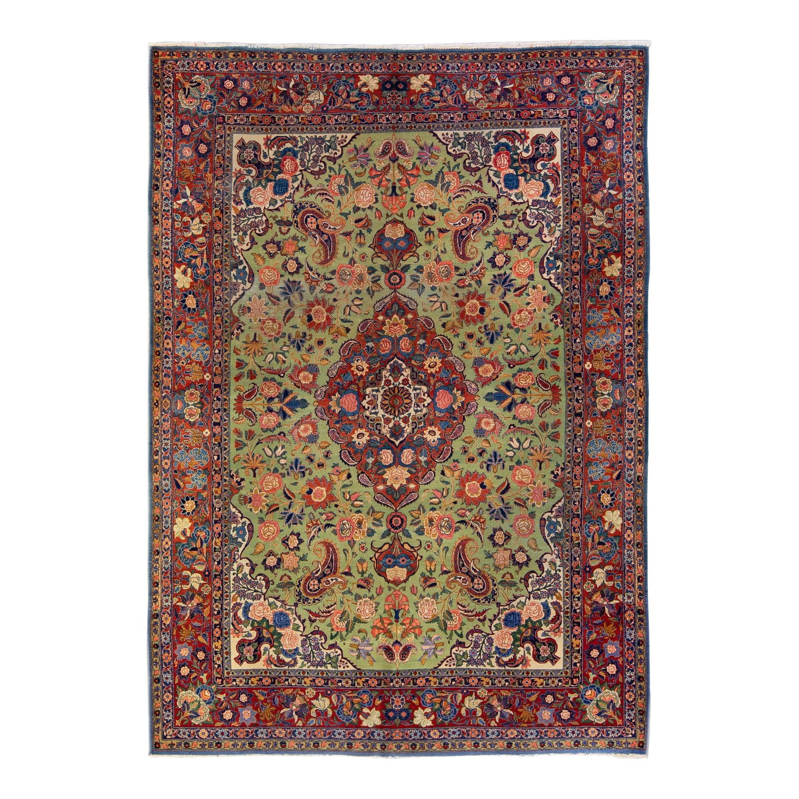 1920s Handmade Persian Kashan Green Wool Rug Allover Floral Design: 1920s Handmade Persian Kashan Green Wool Rug Allover Floral Design This exquisite 1920s Antique Persian Kashan rug showcases a stunning hand-knotted wool construction. The vibrant green field is adorn