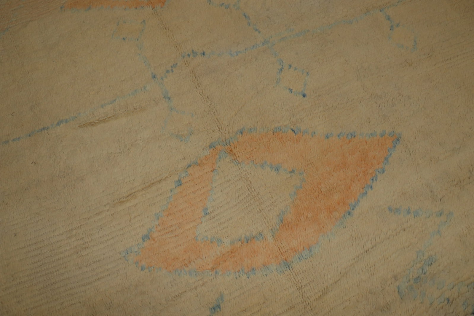 12' 1" x 16' 7" Turkish Tulu Shag Rug in Ivory Orange Blue: 12' 1" x 16' 7" Turkish Tulu Shag Rug in Ivory Orange Blue Rare oversized Turkish Tulu rug with a three-tone shag design in ivory, orange, and light blue. The abstract pattern has a look that somewhat