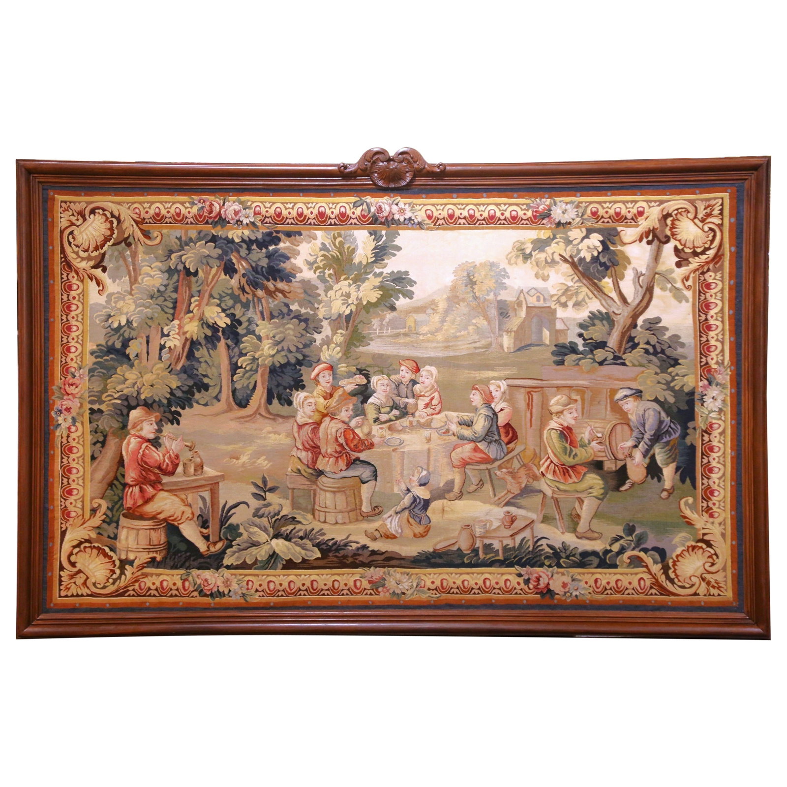 Large French Aubusson Pastoral Tapestry Framed in Oak After David Teniers: Large French Aubusson Pastoral Tapestry Framed in Oak After David Teniers This late 19th-century French Aubusson tapestry, crafted around 1880, features a lively pastoral scene inspired by 17th-centur