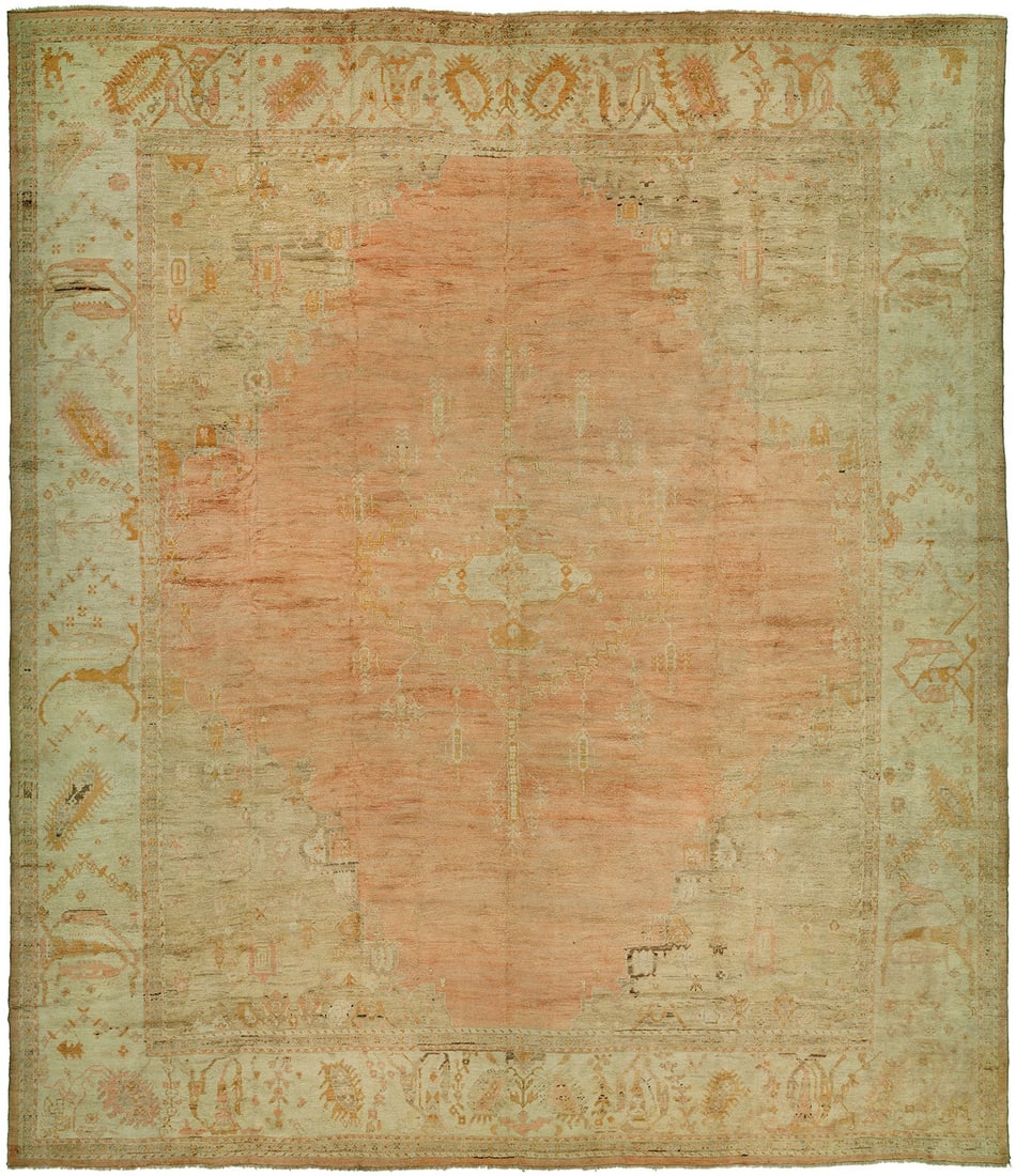 16' 8" x 19' 5" Antique Turkish Oushak Rug Soft Peach: 16' 8" x 19' 5" Antique Turkish Oushak Rug Soft Peach Early 20th century antique Turkish Oushak rug in a soft peach colorway. This oversize square rug is pre-owned. Specifications Type: Oushak Origin: