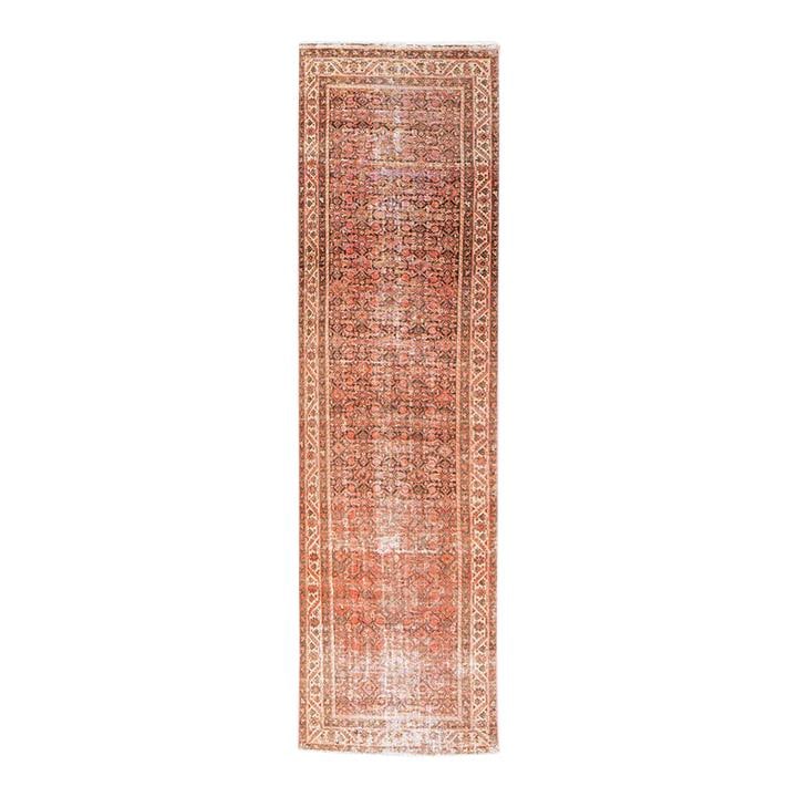 Vintage Handmade Orange Wool Runner 3'1" x 11'5" Geometric Floral Design: Vintage Handmade Orange Wool Runner 3'1" x 11'5" Geometric Floral Design Enhance your space with this stunning vintage hand-knotted wool runner from the 1960s, featuring a vibrant all-over orange colo