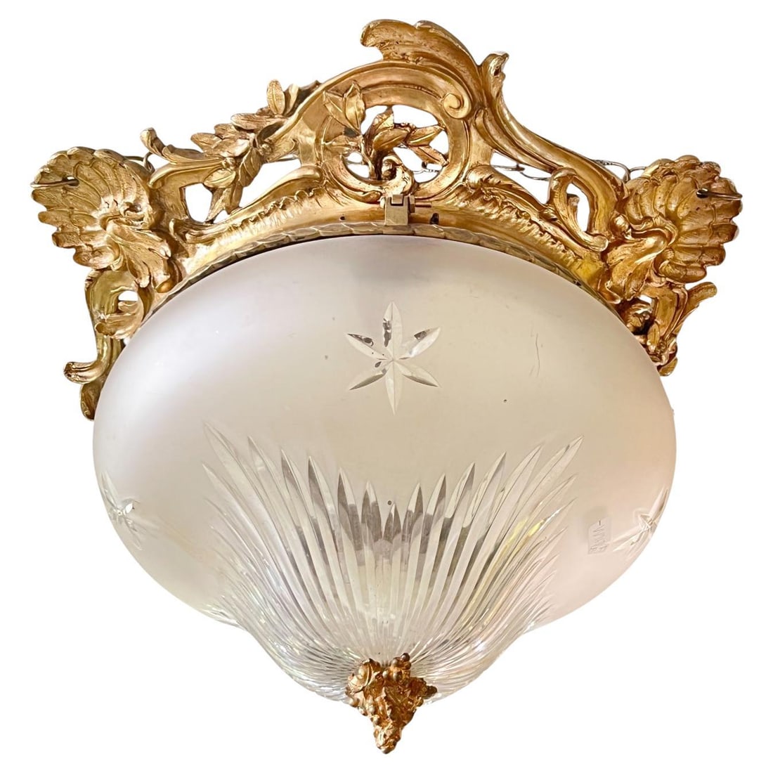 French Louis XVI Style Gilt Bronze and Frosted Glass Pendant Light 18in: French Louis XVI Style Gilt Bronze and Frosted Glass Pendant Light 18in This antique French pendant flush mount chandelier features a gilt bronze frame and frosted, engraved glass, designed in the Lou