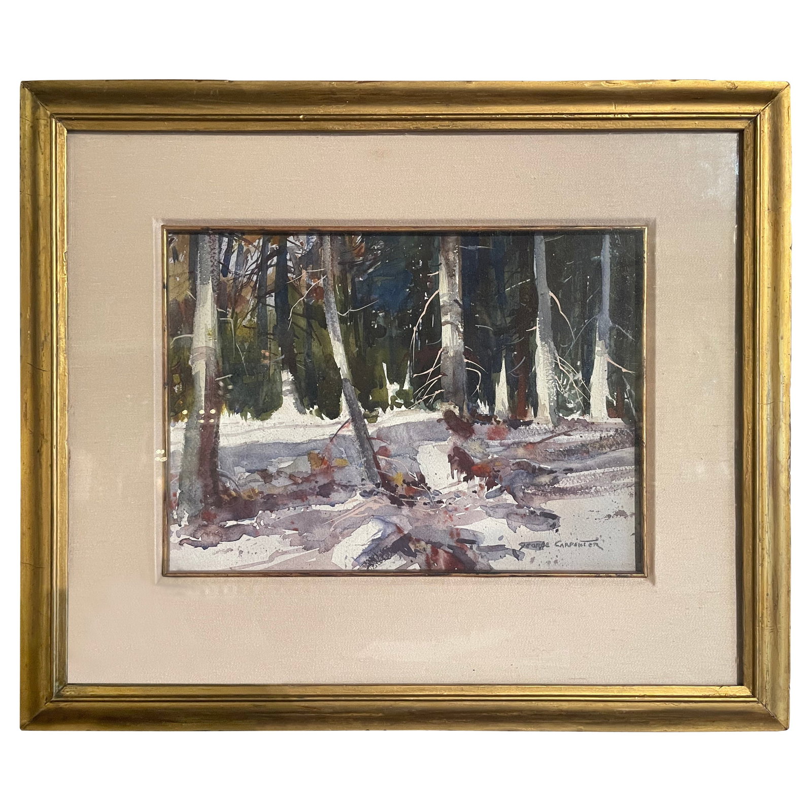 George Carpenter Winter Forest Watercolor in Gilt Frame Circa 1970: George Carpenter Winter Forest Watercolor in Gilt Frame Circa 1970 This exquisite watercolor painting titled 'American Winter Forest' is a captivating representation of nature, framed elegantly in a g