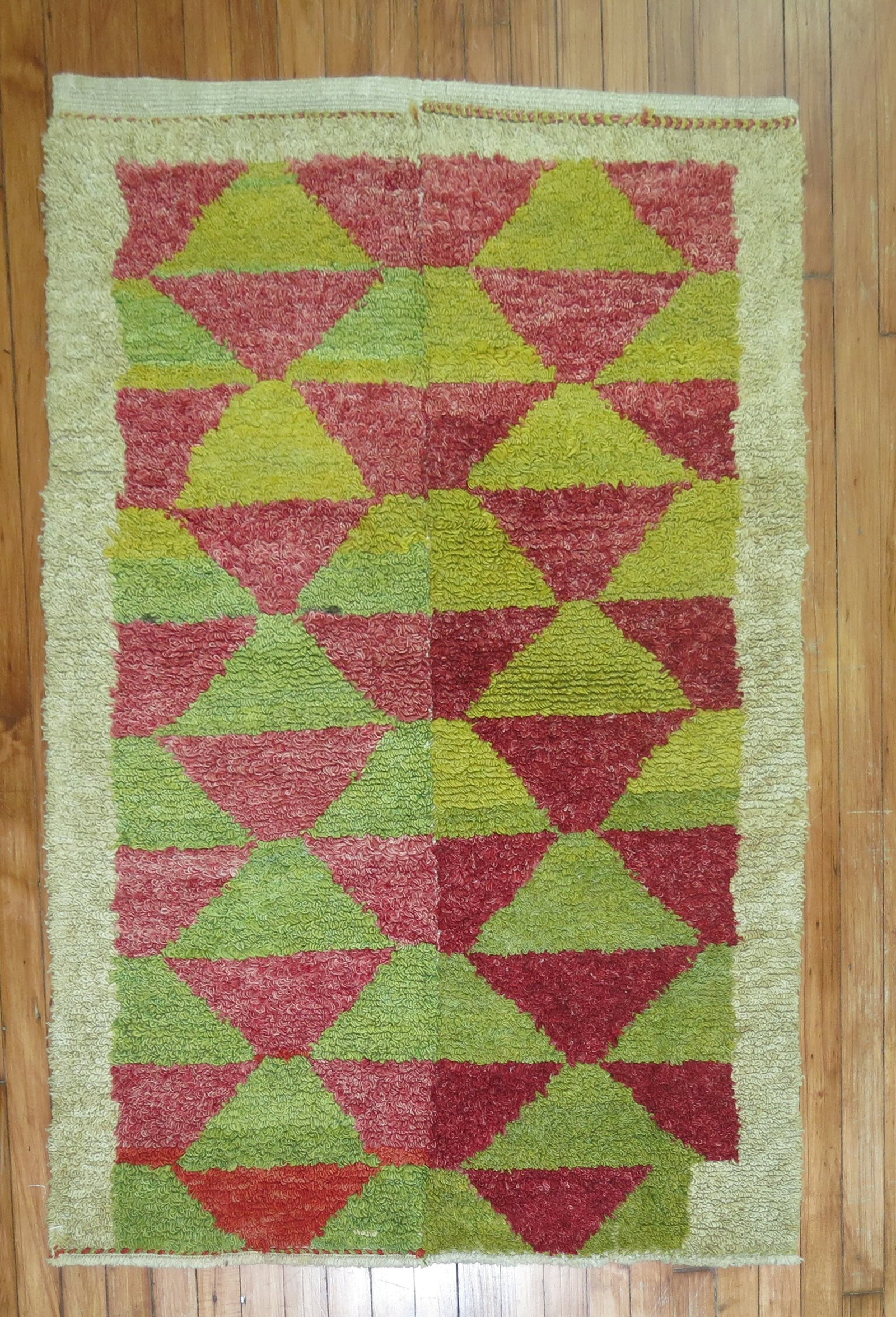 3' 2" x 4' 4" Konya Turkish shag rug green red: 3' 2" x 4' 4" Konya Turkish shag rug green red Mid 20th century Turkish shag rug in a green and red palette. Identified as a Konya type, this pre-owned rug features a geometric design consistent with 