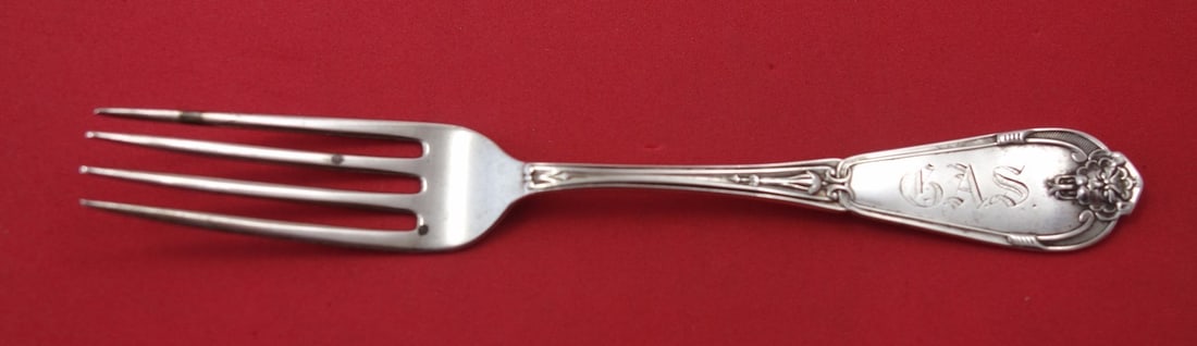 Vanderslice Gargoyle sterling silver dessert fork 6 1/4 inch monogrammed: Vanderslice Gargoyle sterling silver dessert fork 6 1/4 inch monogrammed Sterling silver dessert fork by Vanderslice in the Gargoyle pattern. This vintage flatware piece measures 6 1/4 inches, is mono