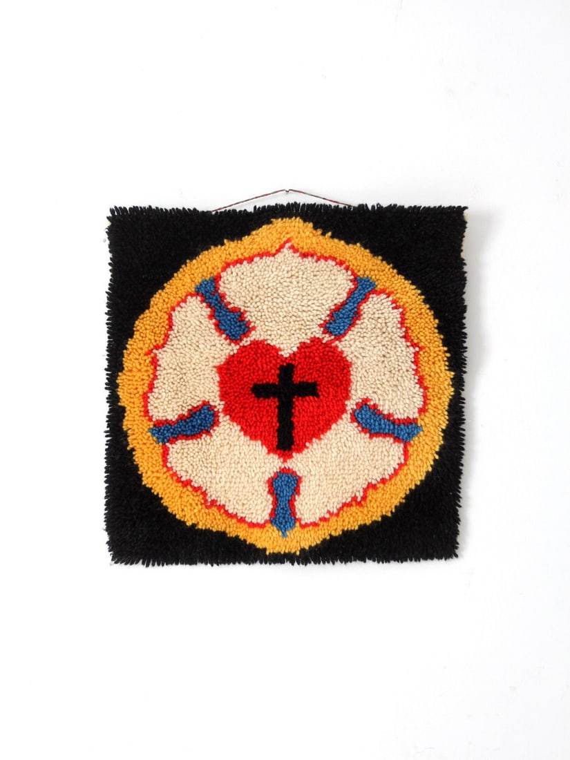 Hooked Wool Luther Rose Wall Hanging 22 Inch Square: Hooked Wool Luther Rose Wall Hanging 22 Inch Square This mid-century folk art wall hanging showcases the Luther Rose motif in a richly textured hooked wool design. The piece features a bold, symbolic 