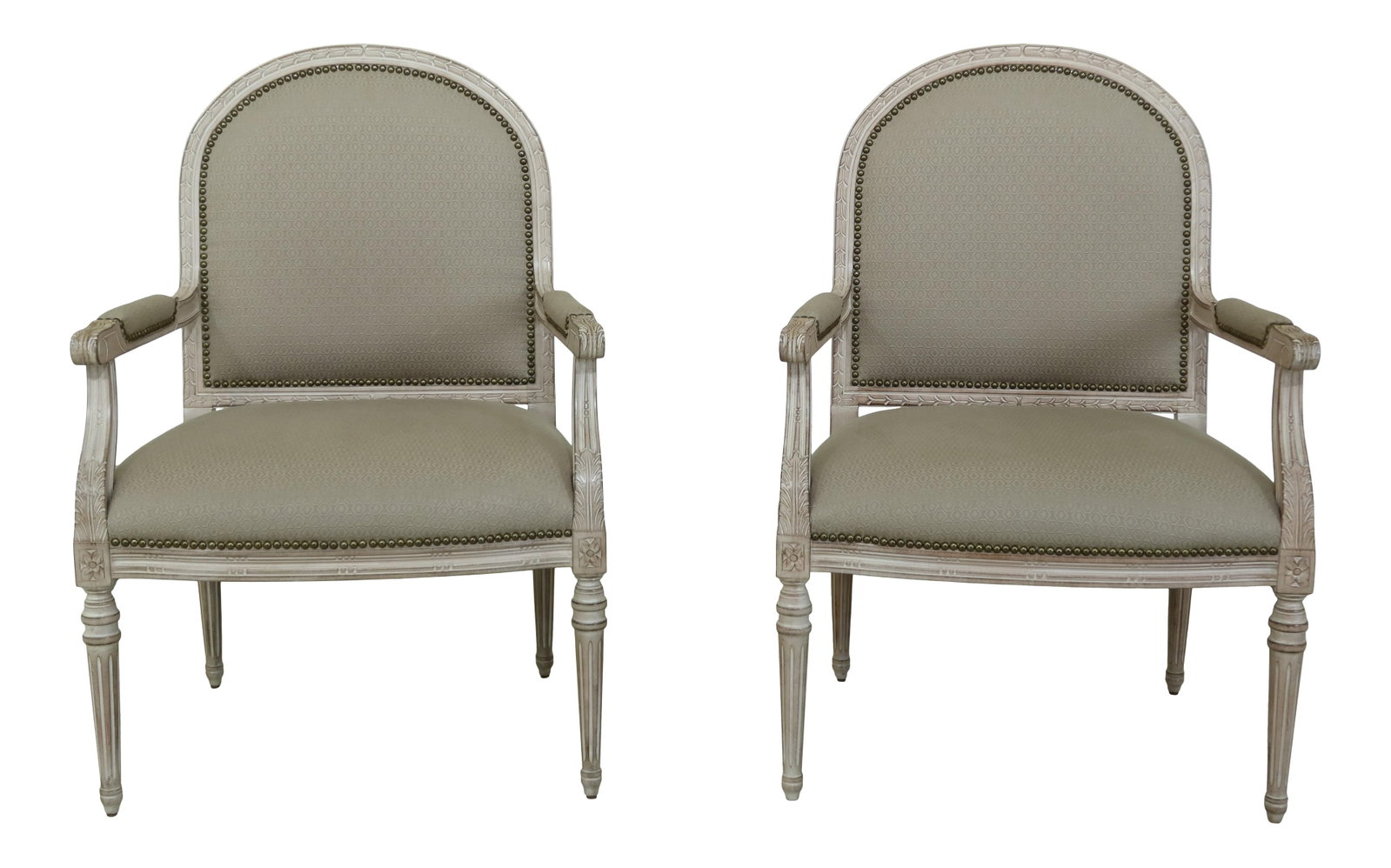 Pair of French Louis XVI Style White Carved Frame Armchairs: Pair of French Louis XVI Style White Carved Frame Armchairs This exquisite pair of French Louis XVI style armchairs features a stunning white carved frame, showcasing high-quality construction and ele