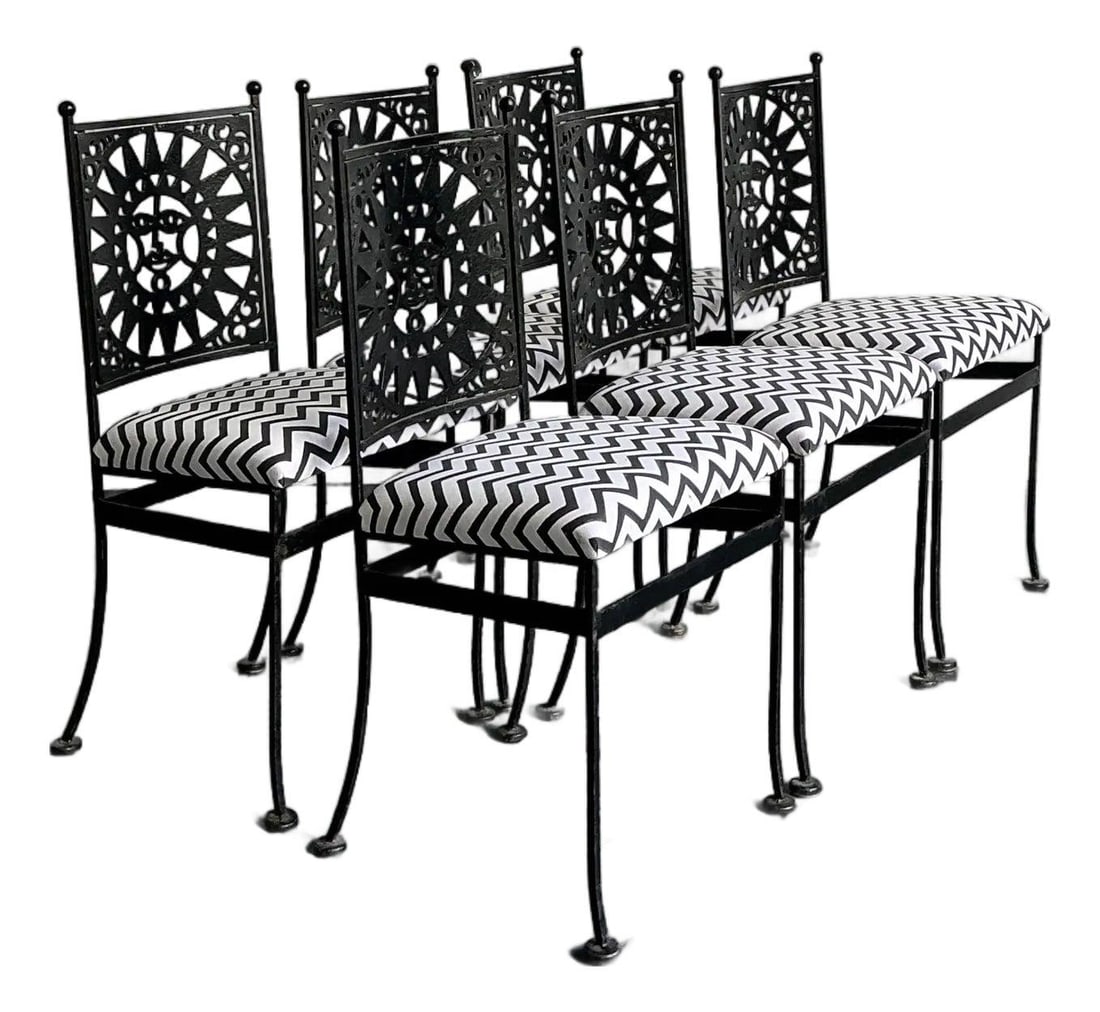 Set of 6 Sunburst Wrought Iron Dining Chairs Attributed to Arthur Umanoff: Set of 6 Sunburst Wrought Iron Dining Chairs Attributed to Arthur Umanoff This set of six Arthur Umanoff "Sunburst" dining chairs exemplifies mid-century bohemian modernism. Featuring slender wrought 