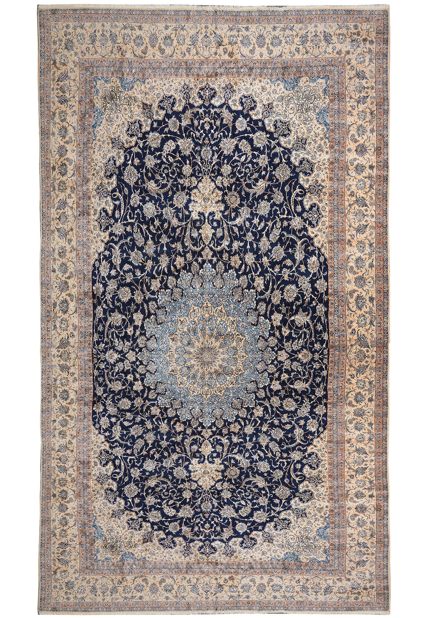 14 x 25.6 ft Persian Nain Wool Silk Rug Hand-Knotted 400 KPSI: 14 x 25.6 ft Persian Nain Wool Silk Rug Hand-Knotted 400 KPSI Free continental US Shipping This large hand-knotted Persian Nain rug is made of wool and silk and features a Chobi Peshawar design with f