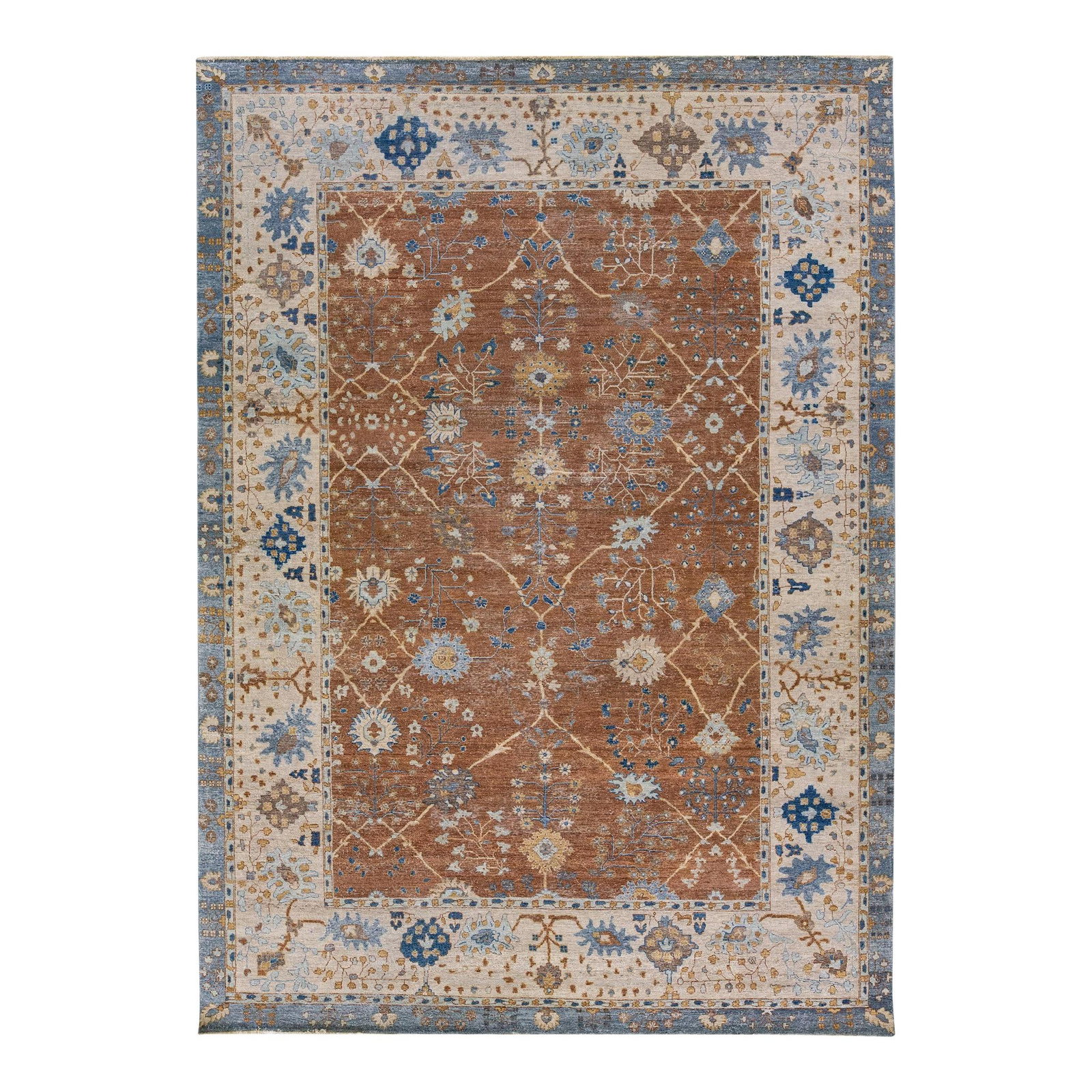 Artisan Handmade Floral Brown Wool Rug 10'2 x 14'2 (1 of 10)