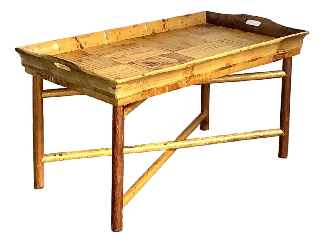 Bamboo X-Stretcher Coffee Table With Removable Reed Patchwork Tray Top: Bamboo X-Stretcher Coffee Table With Removable Reed Patchwork Tray Top This vintage coffee table features a removable butler's tray top with a striking patchwork pattern of split reed that highlights 