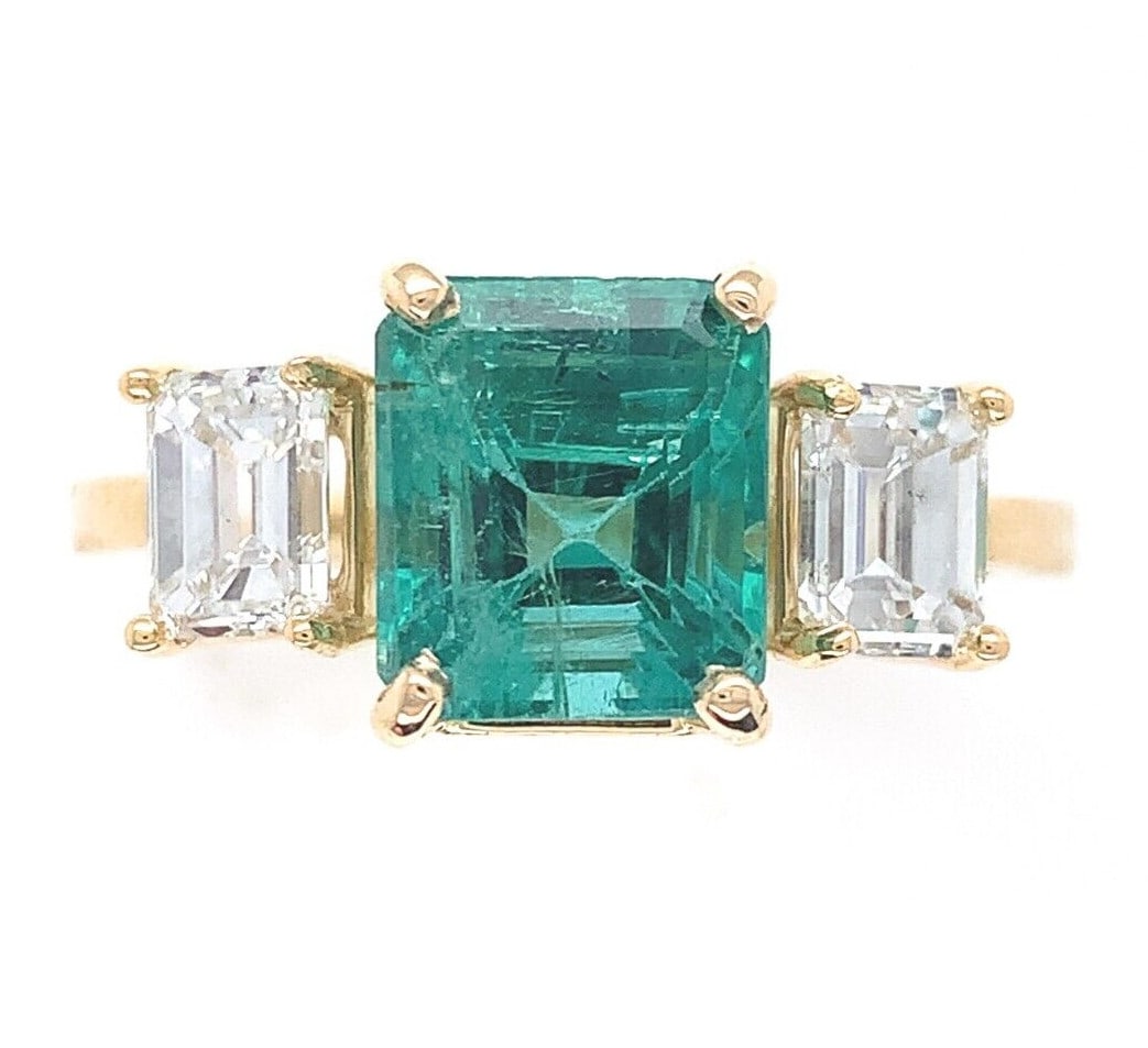 18k Yellow Gold GIA Certified 2.86ct Emerald 1.02ct Diamond Three-Stone Ring (1 of 14)