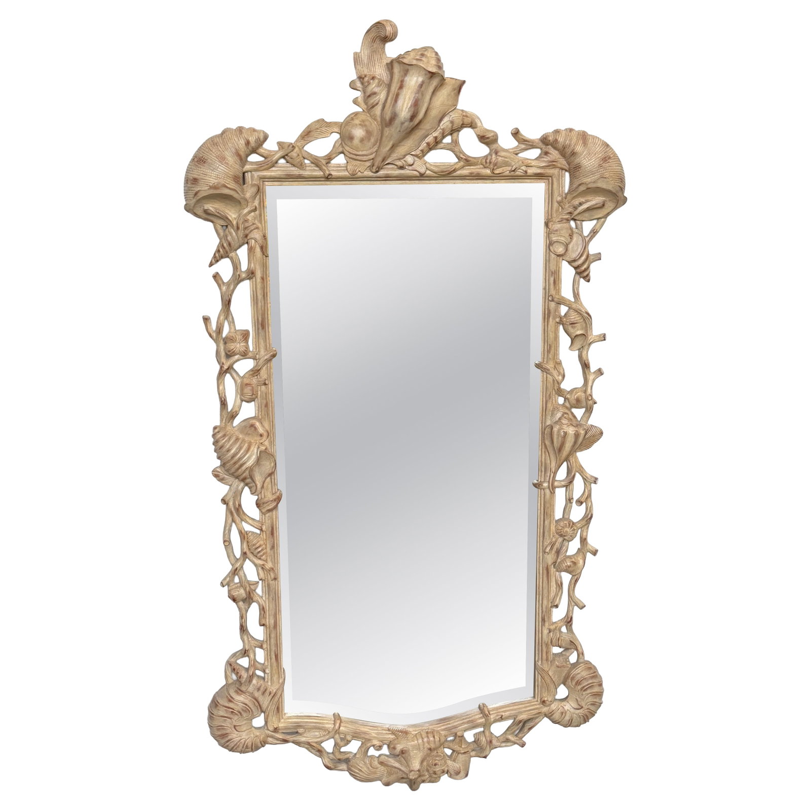 Neoclassical Italian Grotto Mirror with Hand-Carved Shell and Coral Motifs: Neoclassical Italian Grotto Mirror with Hand-Carved Shell and Coral Motifs This Italian hand-carved wall mirror features an intricate shell and coral reef motif inspired by marine grotto decoration. C
