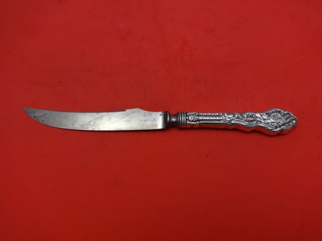 Gorham Versailles Sterling Silver Game Knife Carbon Blade 8.5 Rare: Gorham Versailles Sterling Silver Game Knife Carbon Blade 8.5 Rare This exquisite game knife features the elegant Versailles pattern by Gorham, crafted from sterling silver with a durable carbon blade