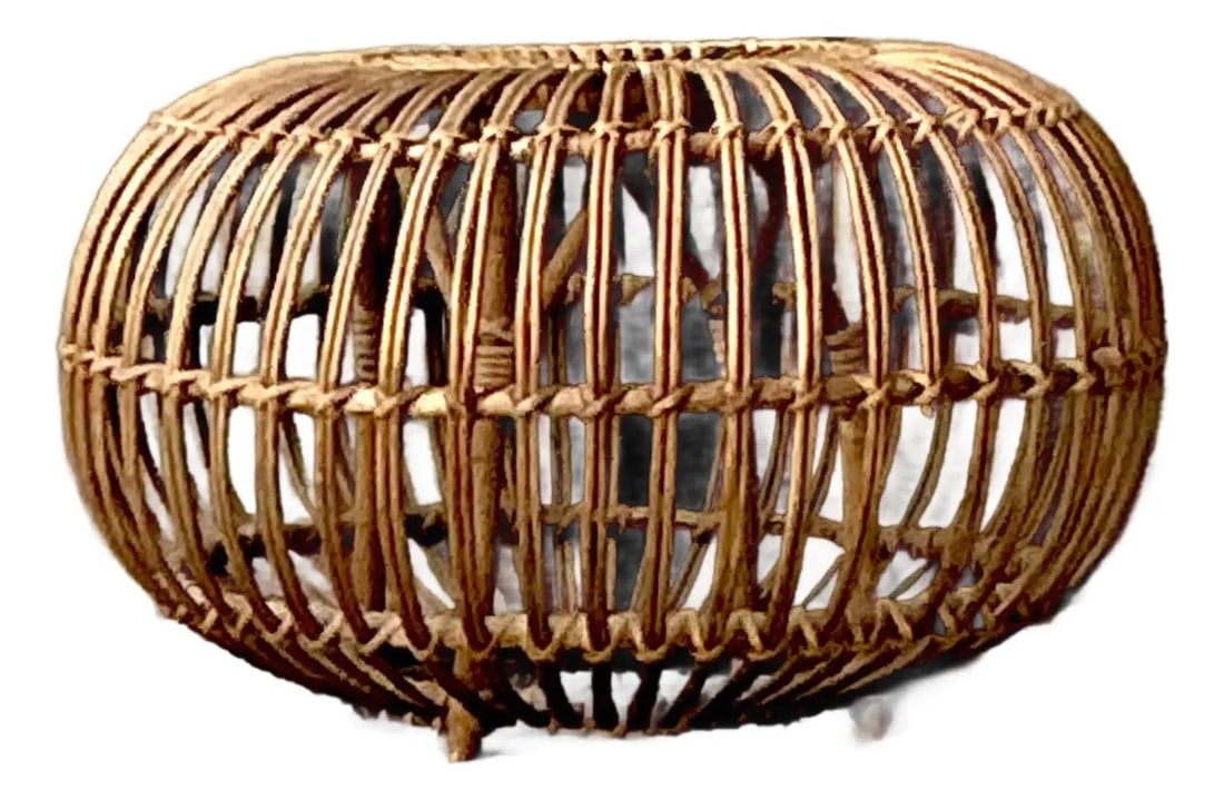 Hand-Bent Rattan Low Table in the Style of Franco Albini: Hand-Bent Rattan Low Table in the Style of Franco Albini This vintage low table is inspired by the iconic "lobster pot" designs associated with Franco Albini. Crafted from hand-bent rattan and wicker,