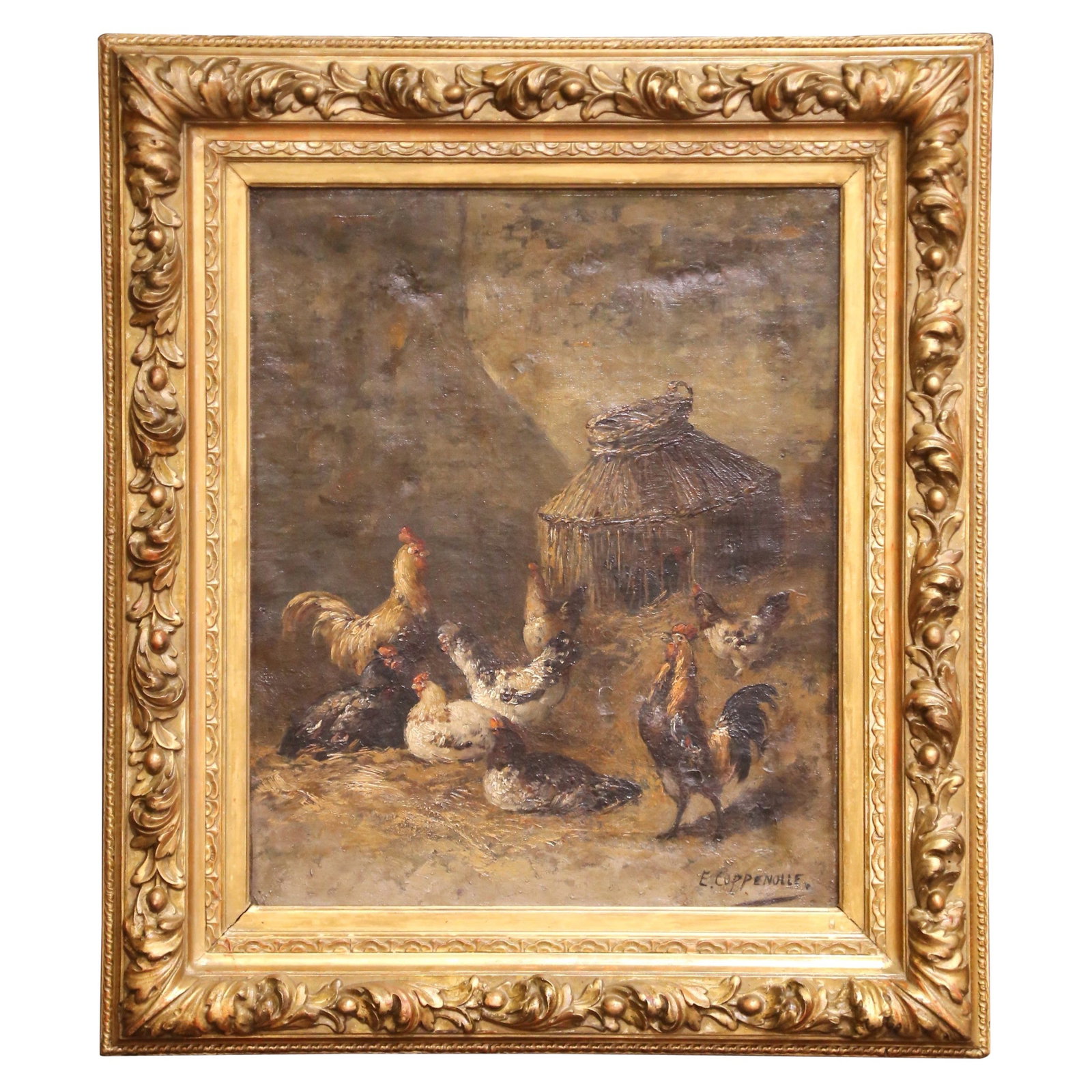 19th Century Signed Oil Painting by Edmond van Coppenolle in Gilt Frame: 19th Century Signed Oil Painting by Edmond van Coppenolle in Gilt Frame This exquisite late 19th-century oil on canvas painting by Edmond van Coppenolle captures a lively barnyard scene featuring a pr