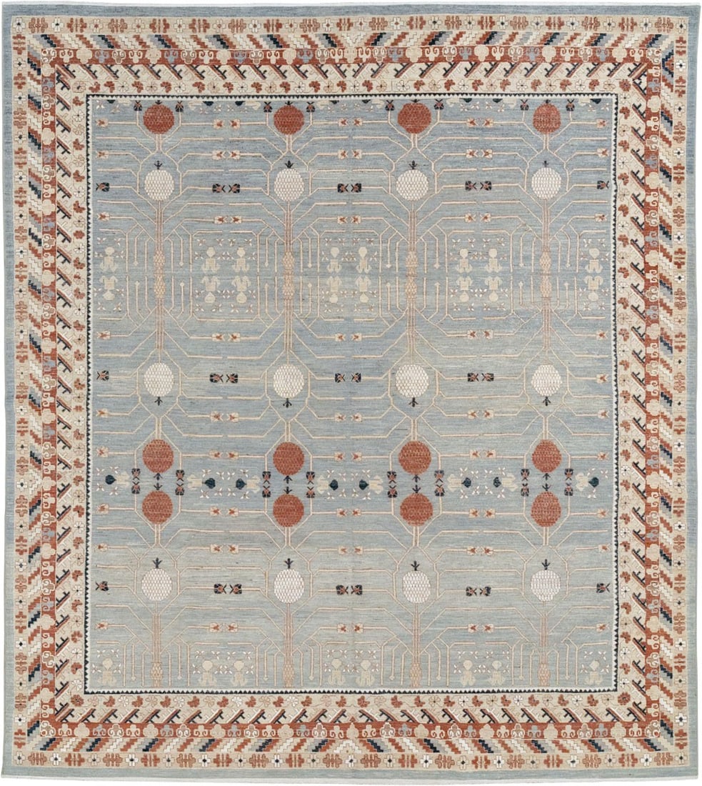 12' x 13' 7" Square Khotan Rug Gray Field Pomegranate Design: 12' x 13' 7" Square Khotan Rug Gray Field Pomegranate Design 21st century square Khotan rug featuring a pomegranate design on a gray field. This room-size carpet is offered in pre-owned condition. Spe